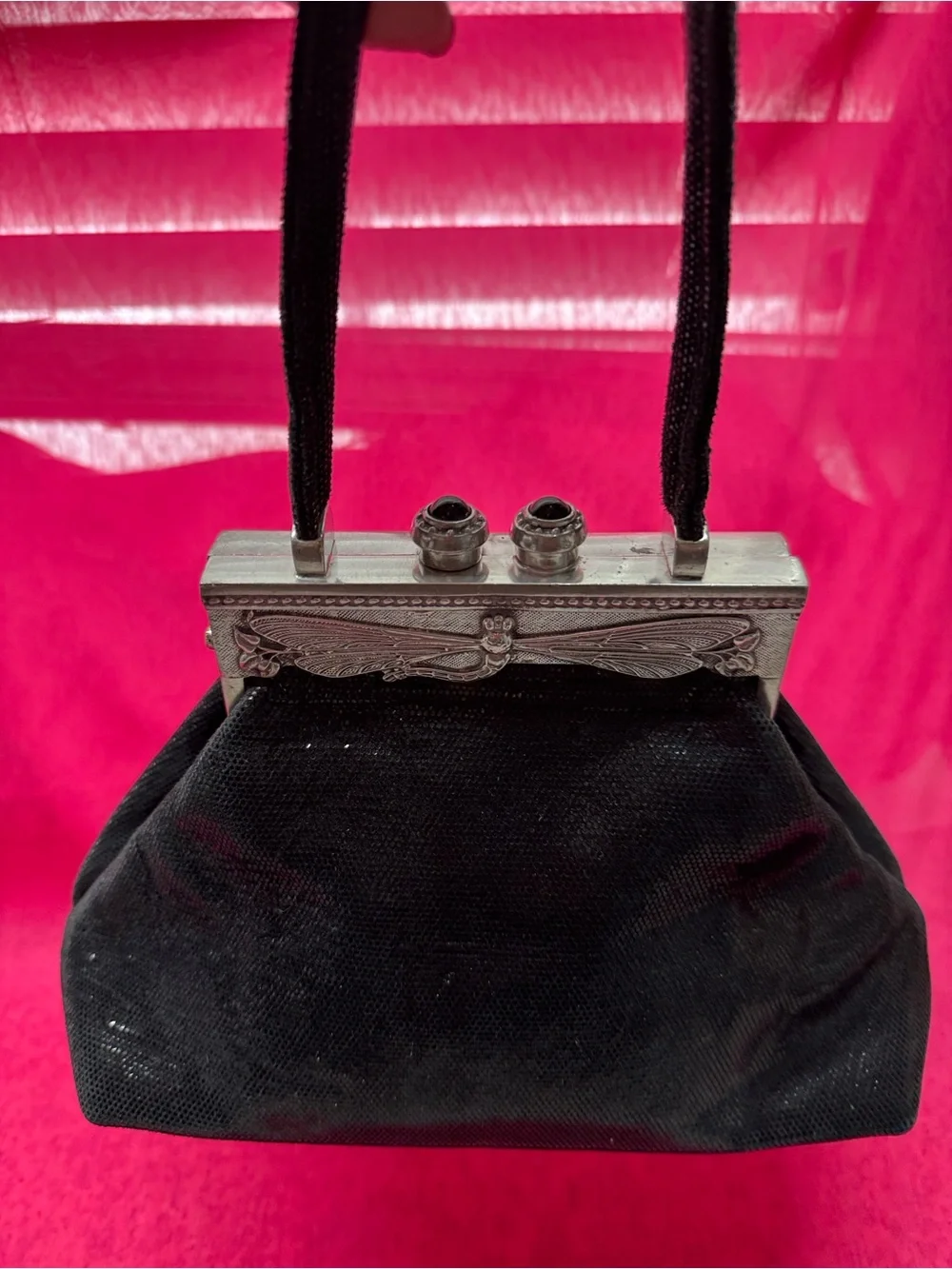 Black Evening Clutch with Decorative Silver Frame